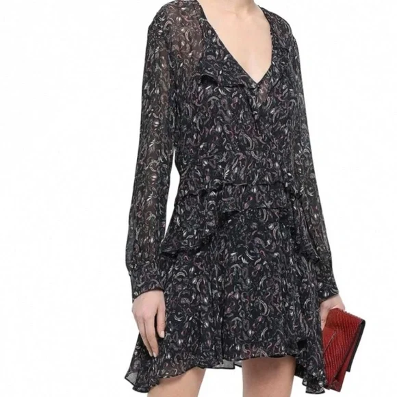 IRO Honess Long Sleeve Ruffle Mini Dress in Patterned Black - 6 - Picture 1 of 5